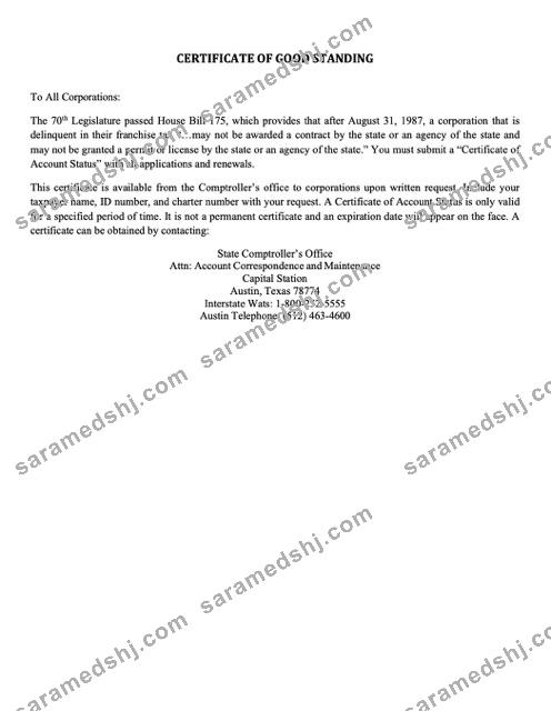 USA Texas certificate of good standing Word and PDF template